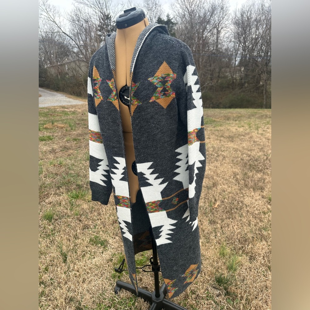 Gray Patterned Women's Sweater. Aztec. Long. Cardigan. Fun print - Picture 2 of 10